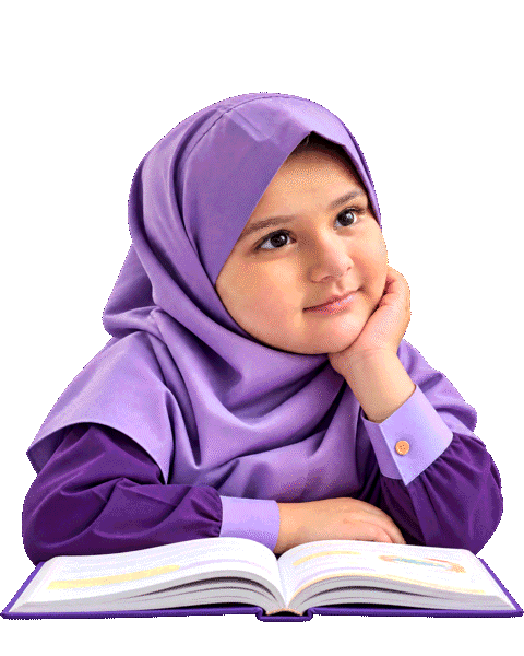 A smiling girl in a purple school uniform and headscarf, resting her chin on her hand over an open book.